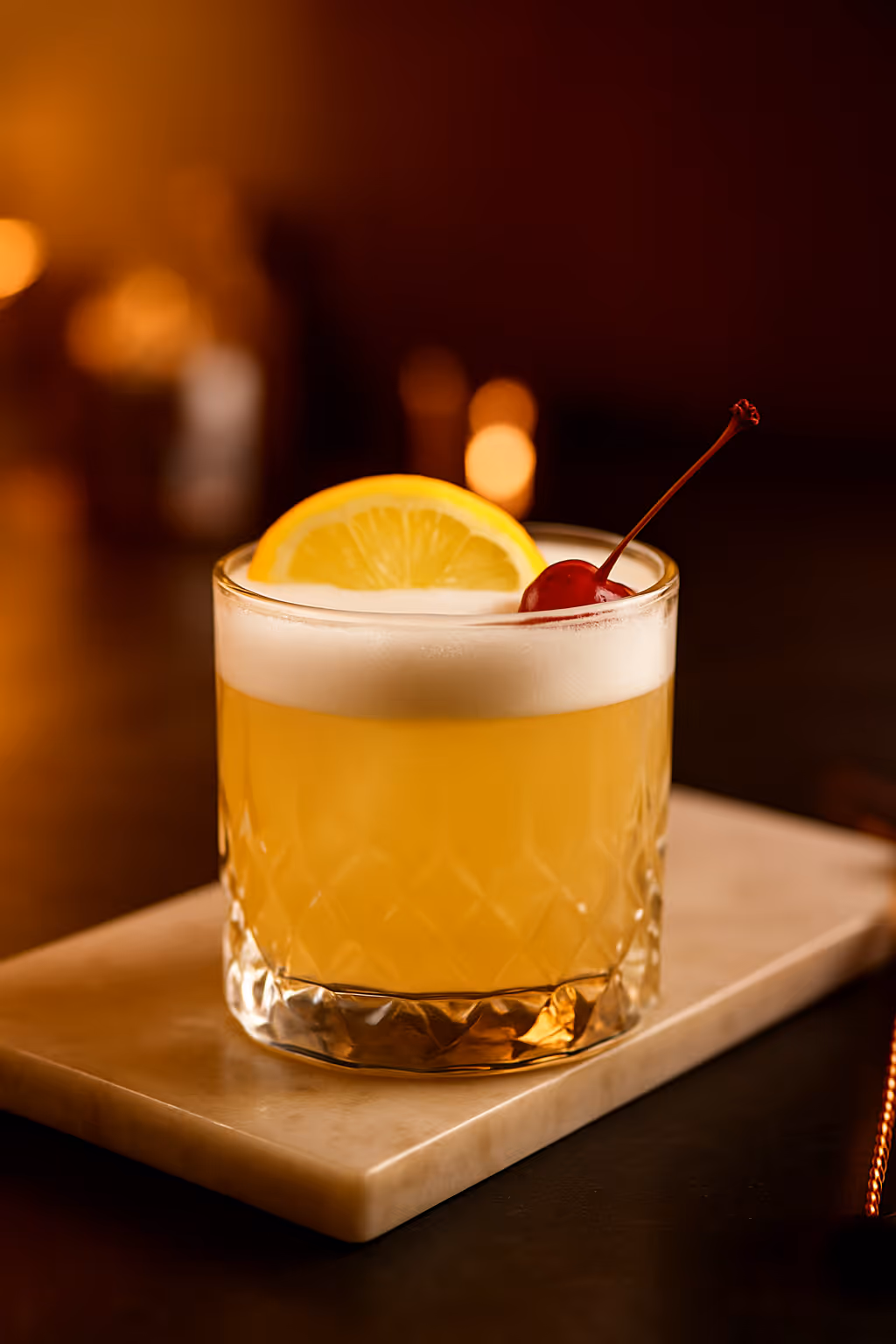 Classic whiskey sour cocktail with foamy egg white top and lemon garnish in a rocks glass.